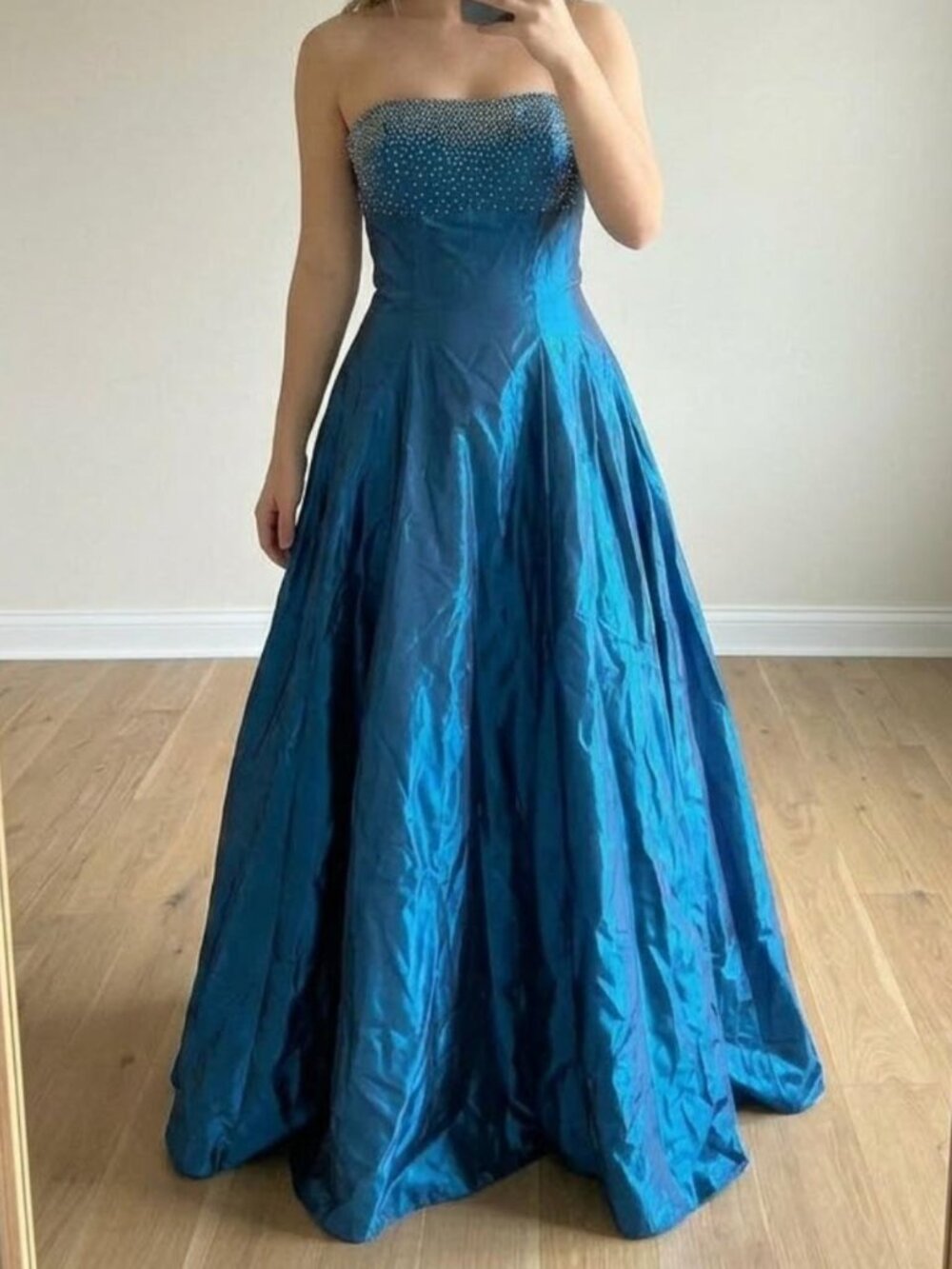 Vintage Faviana Strapless Beaded Metallic Blue Formal Ballgown